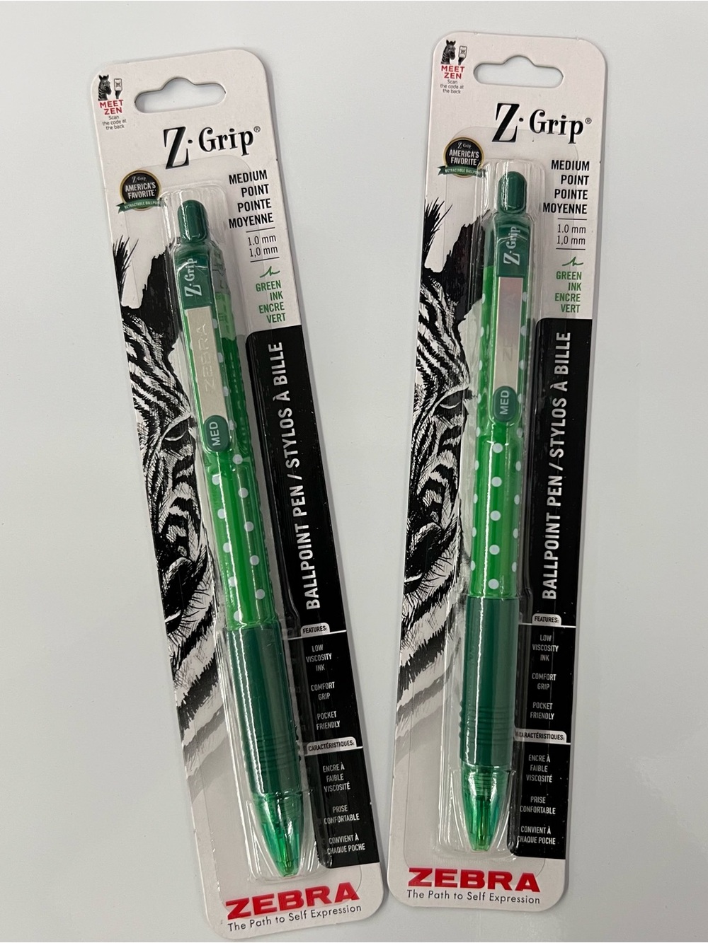 Zebra Z Grip Ball Point Pens Set of 2 Green Ink 1.0 mm Medium Point Polka Dot